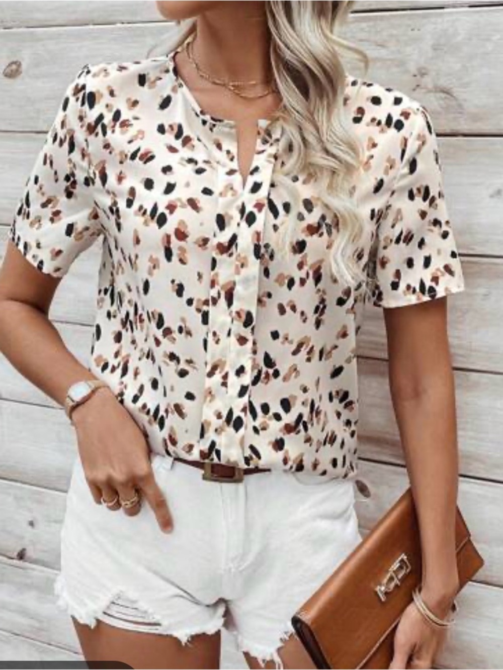 🎀 Women's Cream Short-Sleeve leopard print Blouse